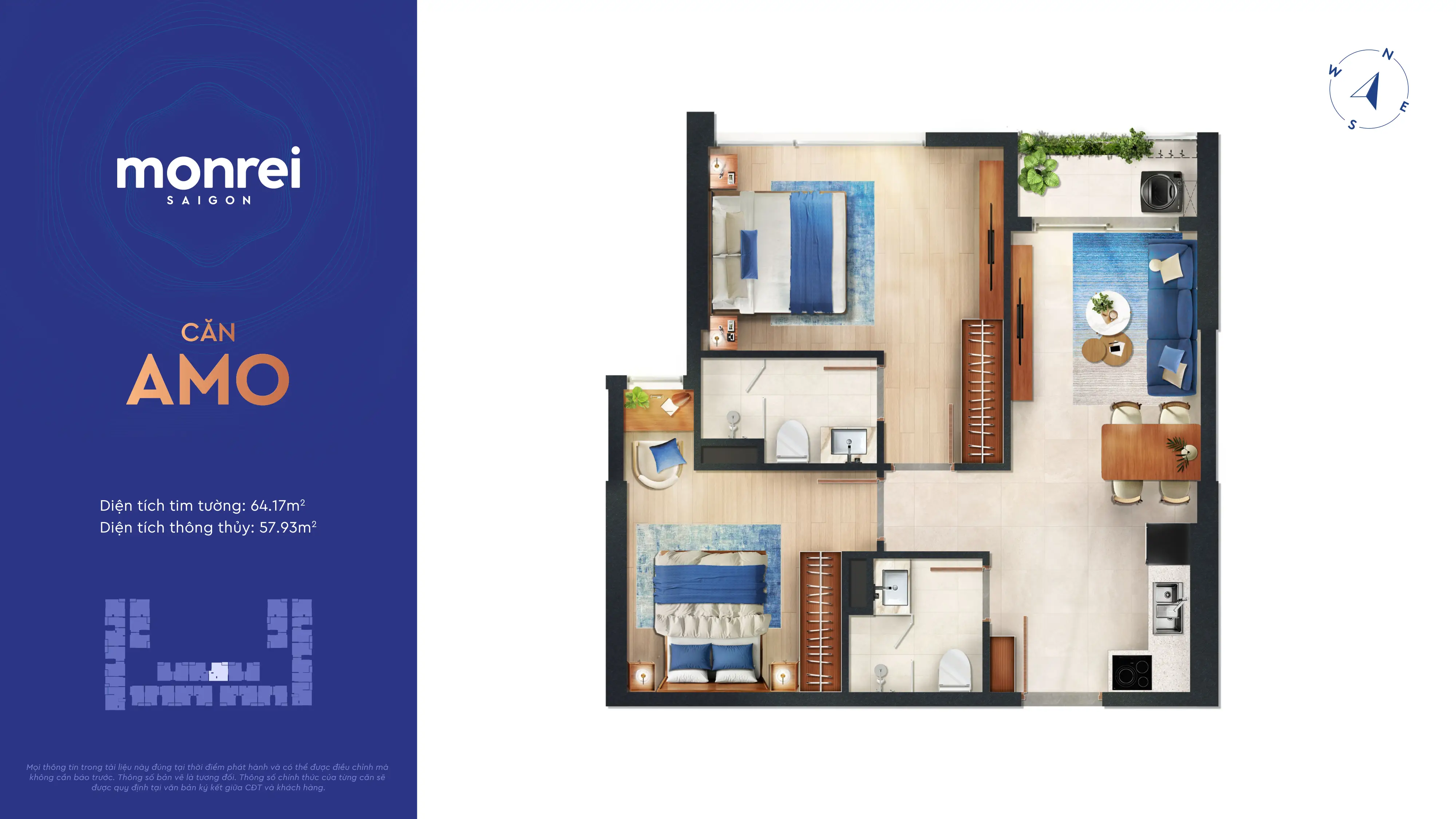 Mặt bằng căn hộ Amo 2PN 64.17m² Monrei Sài Gòn