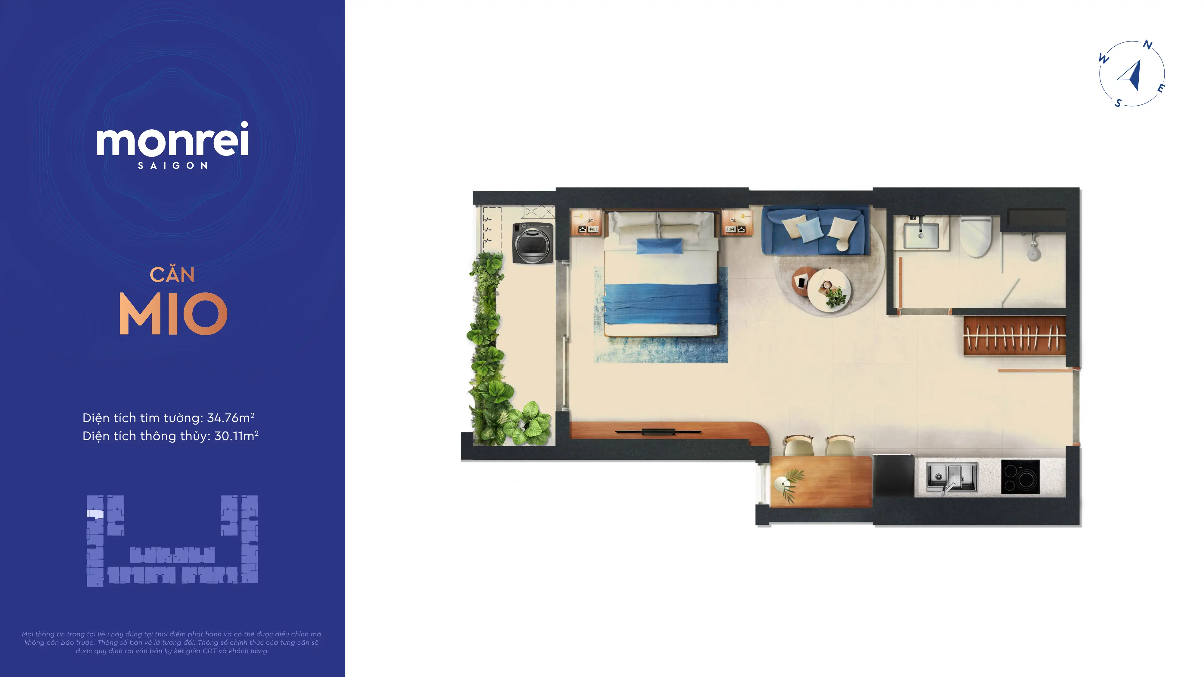 Mặt bằng căn hộ Mio Studio 34.76m² Monrei Sài Gòn