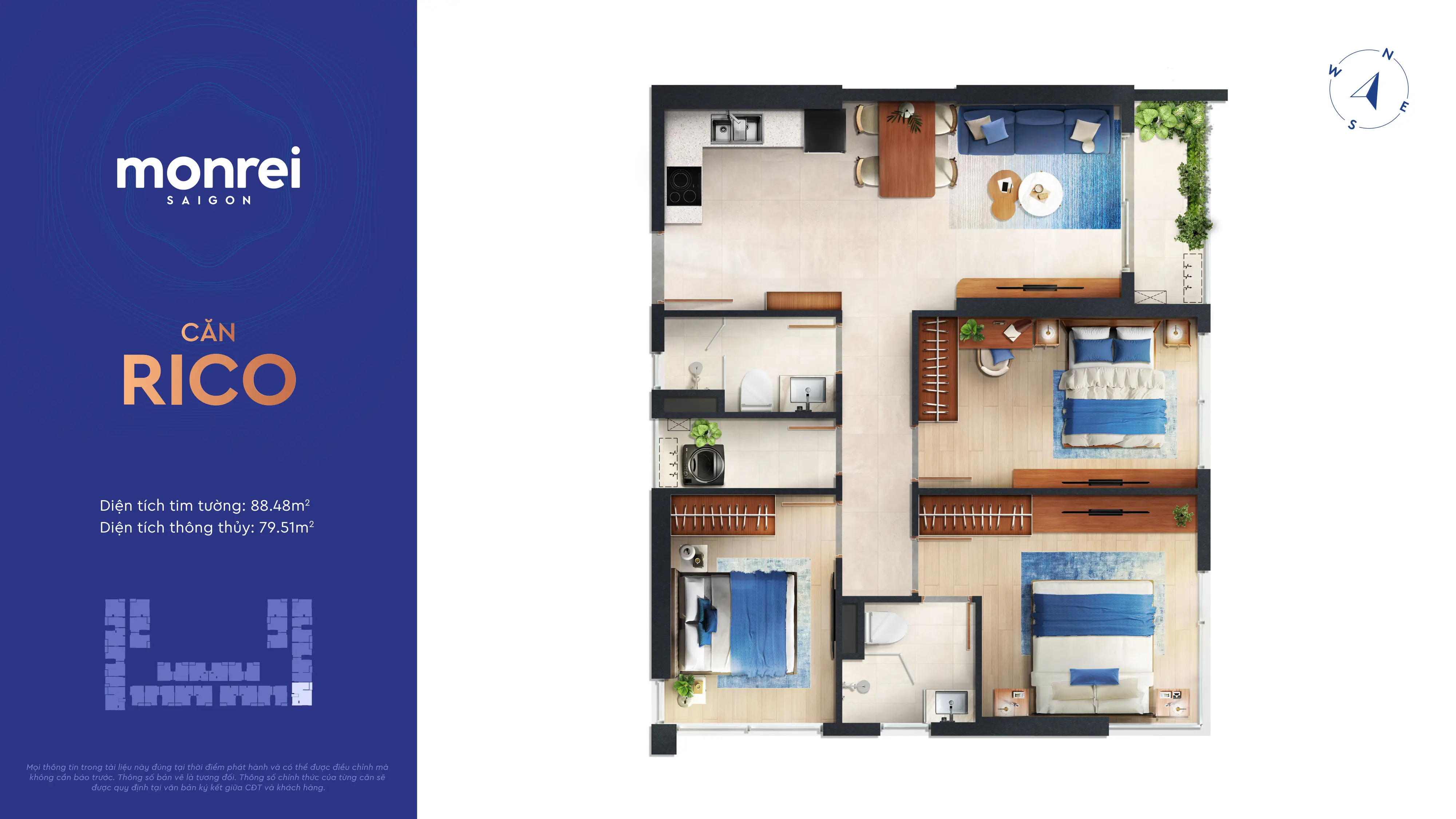 Mặt bằng căn hộ Rico 3PN 88.48m² Monrei Sài Gòn